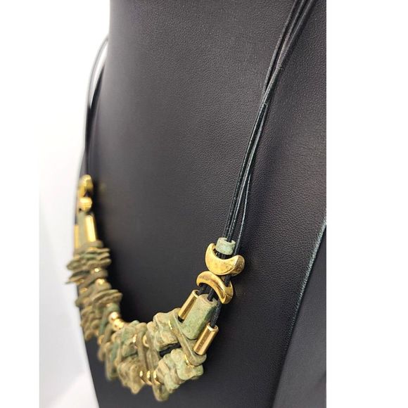 Olive Green Stone Beaded Bib Necklace with Gold Half Moons - Picture 3 of 7